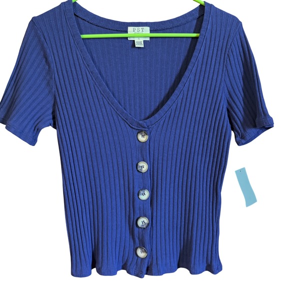 PST Navy Blue Button Front Ribbed Knit Top Blue V Neck  XL Runs Small Nord Rack - Picture 1 of 7